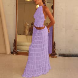 image-2pcs Women's Dress Suit Sexy Sleeveless Backless Cropped Halter Top And Pleated Long Dress