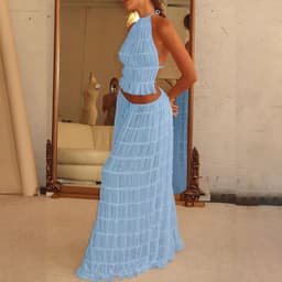 image-2pcs Women's Dress Suit Sexy Sleeveless Backless Cropped Halter Top And Pleated Long Dress