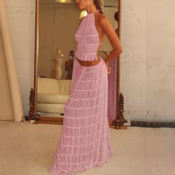 image-2pcs Women's Dress Suit Sexy Sleeveless Backless Cropped Halter Top And Pleated Long Dress