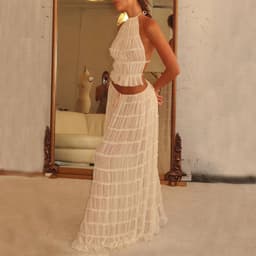 image-2pcs Women's Dress Suit Sexy Sleeveless Backless Cropped Halter Top And Pleated Long Dress