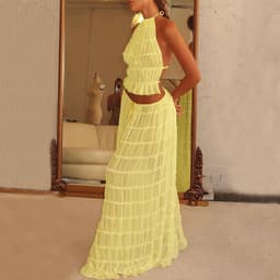 image-2pcs Women's Dress Suit Sexy Sleeveless Backless Cropped Halter Top And Pleated Long Dress