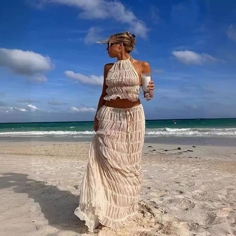 image-2pcs Women's Dress Suit Sexy Sleeveless Backless Cropped Halter Top And Pleated Long Dress