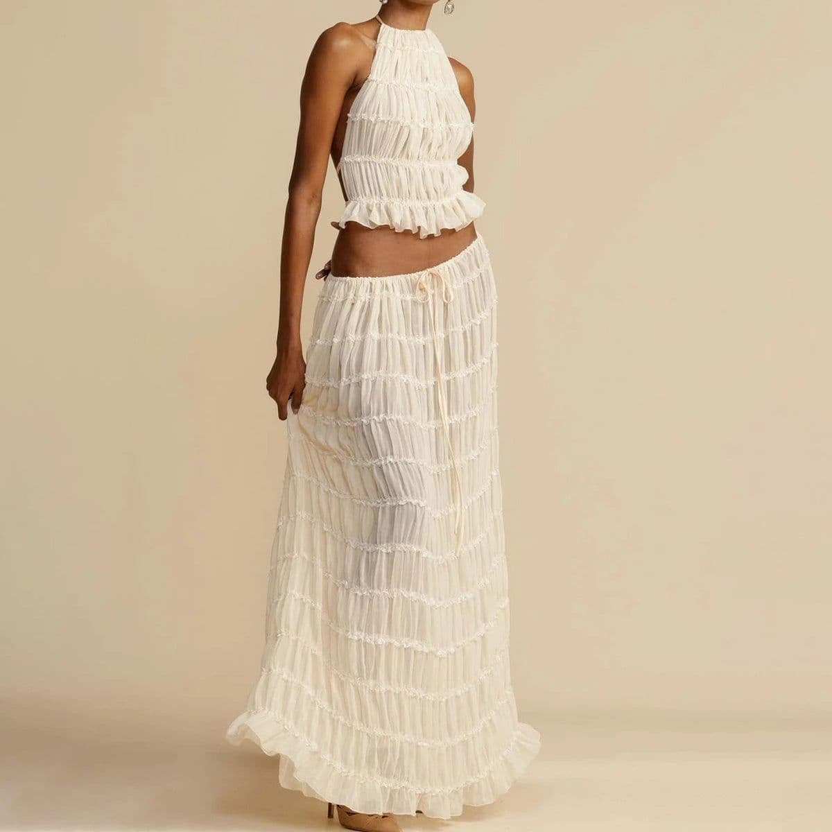 image-2pcs Women's Dress Suit Sexy Sleeveless Backless Cropped Halter Top And Pleated Long Dress