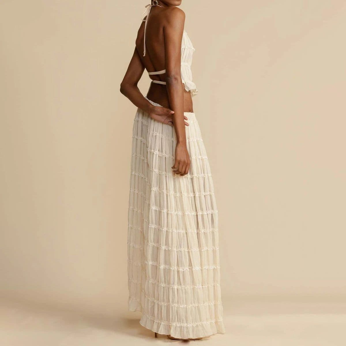 image-2pcs Women's Dress Suit Sexy Sleeveless Backless Cropped Halter Top And Pleated Long Dress