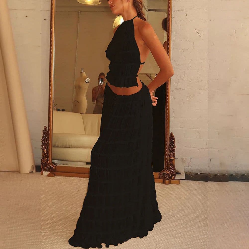 image-2pcs Women's Dress Suit Sexy Sleeveless Backless Cropped Halter Top And Pleated Long Dress