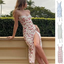 image-Lace Flowers Print Long Dress Sexy Fashion Slit Suspender Dress Summer Womens Clothing