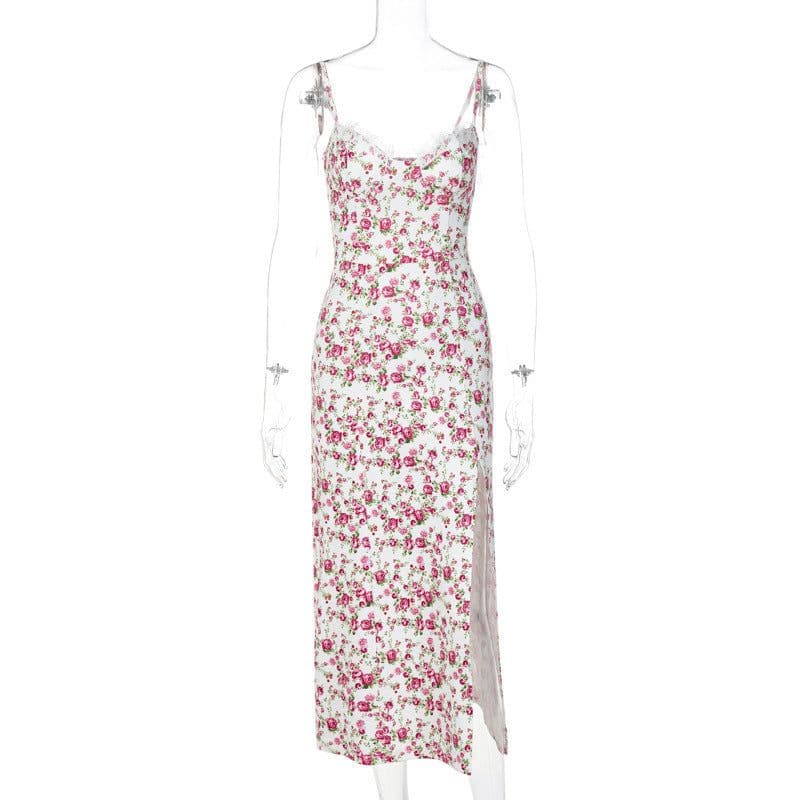 image-Lace Flowers Print Long Dress Sexy Fashion Slit Suspender Dress Summer Womens Clothing