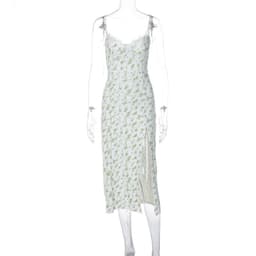 image-Lace Flowers Print Long Dress Sexy Fashion Slit Suspender Dress Summer Womens Clothing
