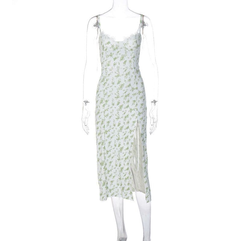 image-Lace Flowers Print Long Dress Sexy Fashion Slit Suspender Dress Summer Womens Clothing