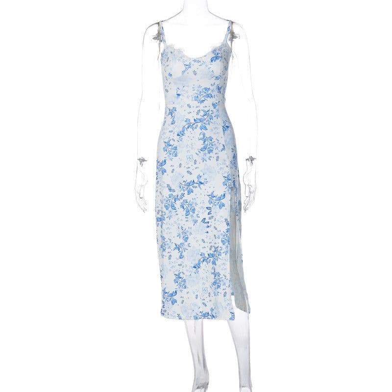 image-Lace Flowers Print Long Dress Sexy Fashion Slit Suspender Dress Summer Womens Clothing