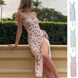 image-Lace Flowers Print Long Dress Sexy Fashion Slit Suspender Dress Summer Womens Clothing