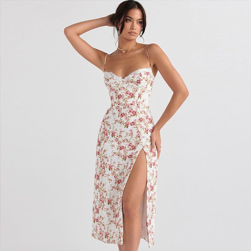 image-Lace Flowers Print Long Dress Sexy Fashion Slit Suspender Dress Summer Womens Clothing