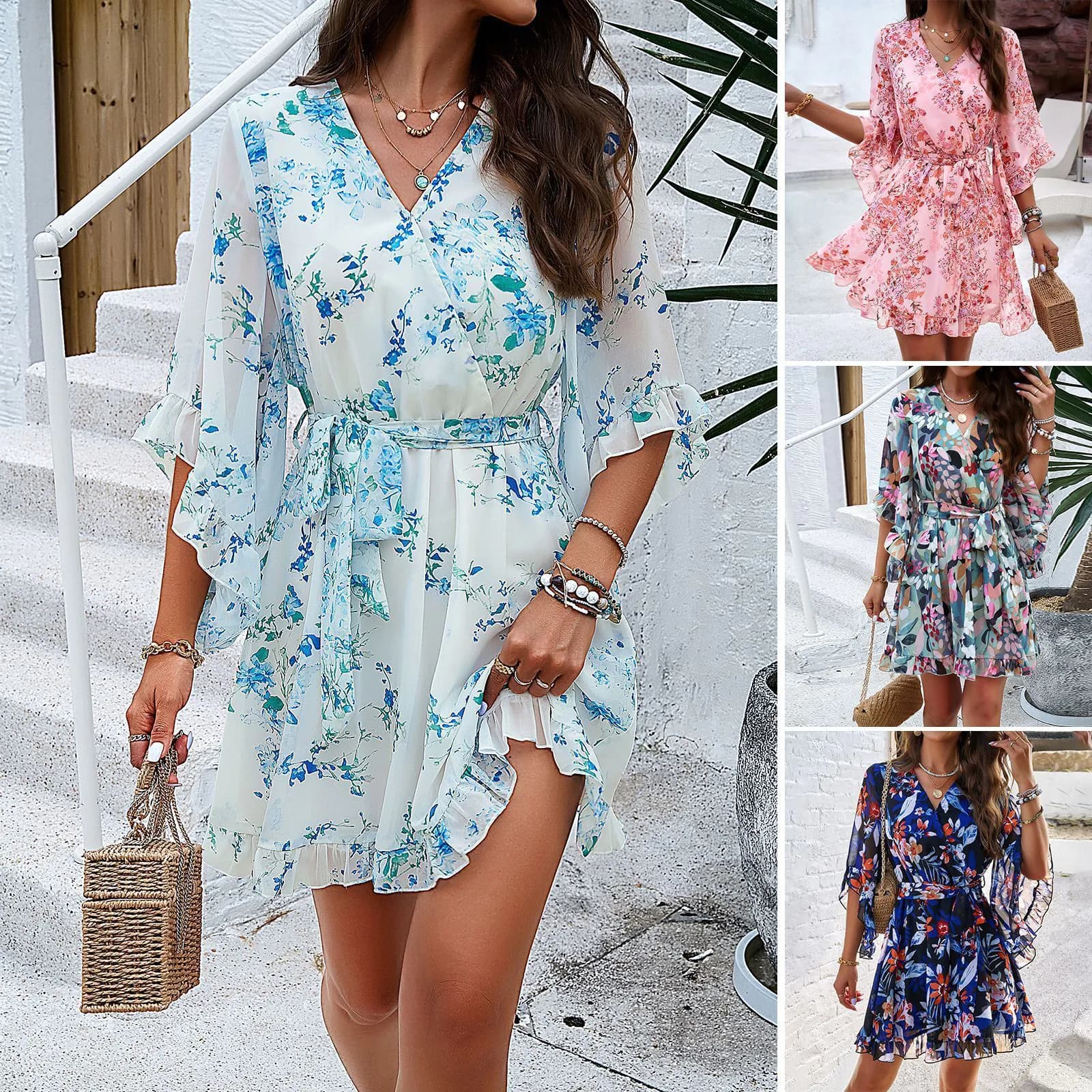 image-Summer Floral Print Short Sleeves Dress Lace Up Ruffles Design Fashion V-neck Short Dresses Womens Clothing