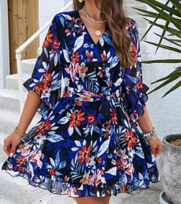 image-Summer Floral Print Short Sleeves Dress Lace Up Ruffles Design Fashion V-neck Short Dresses Womens Clothing