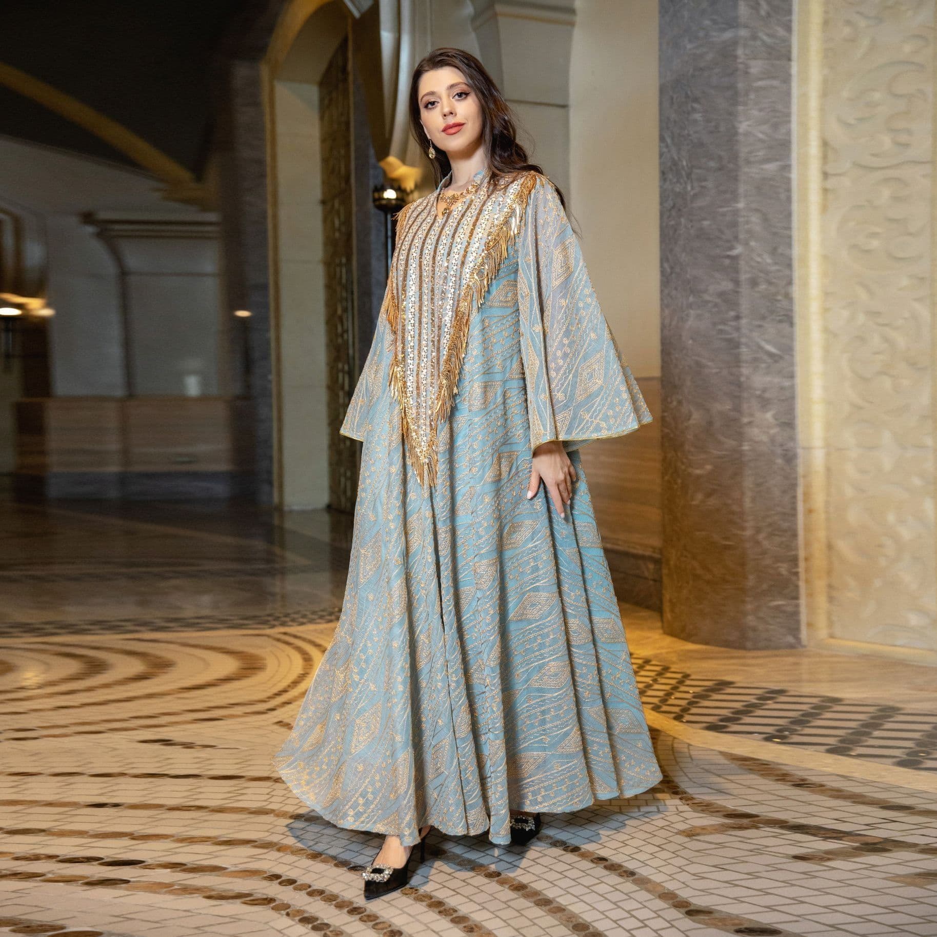 image-Festival Evening Dress Arabic Dubai Mesh Embroidered Sequins Robe Middle East