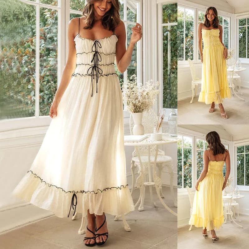 image-Summer Suspender Spaghetti Strap Long Dresses With Bow Pleat Design Fashion Sweet Bow Beach Dress For Womens Clothing