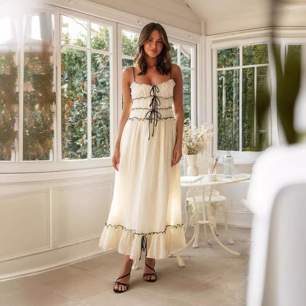 image-Summer Suspender Spaghetti Strap Long Dresses With Bow Pleat Design Fashion Sweet Bow Beach Dress For Womens Clothing
