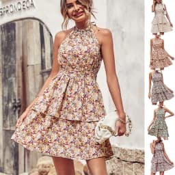 image-Summer Printed Halter Dress Fashion Boho Backless Ruffled A-Line Beach Dresses For Womens Clothing