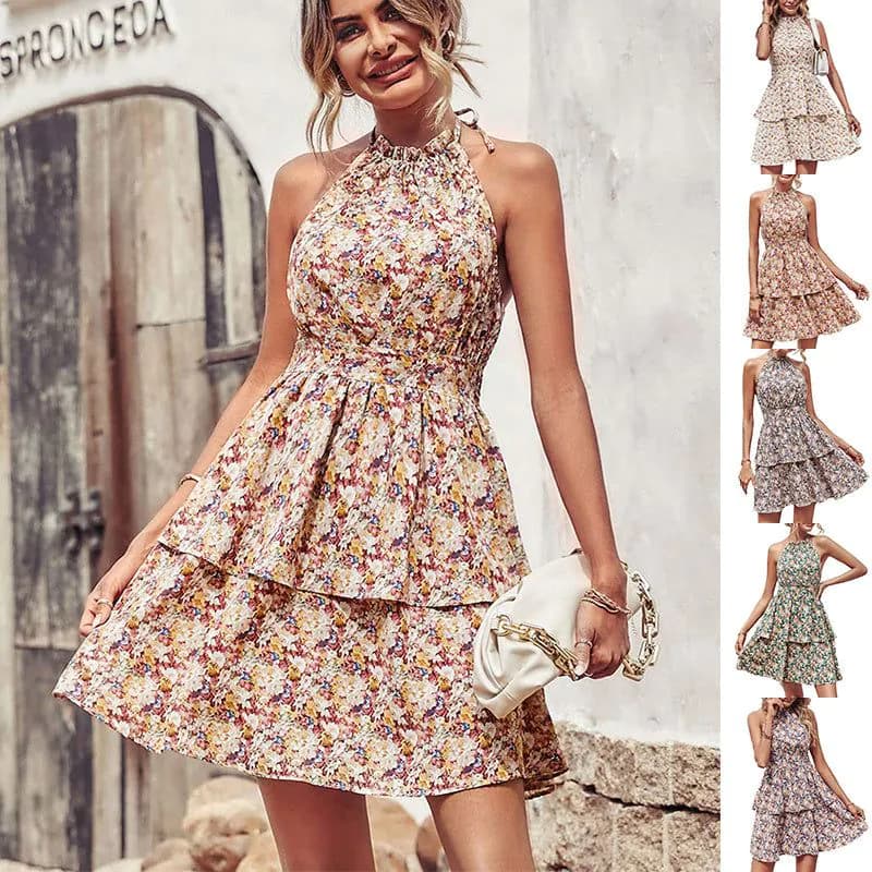 image-Summer Printed Halter Dress Fashion Boho Backless Ruffled A-Line Beach Dresses For Womens Clothing