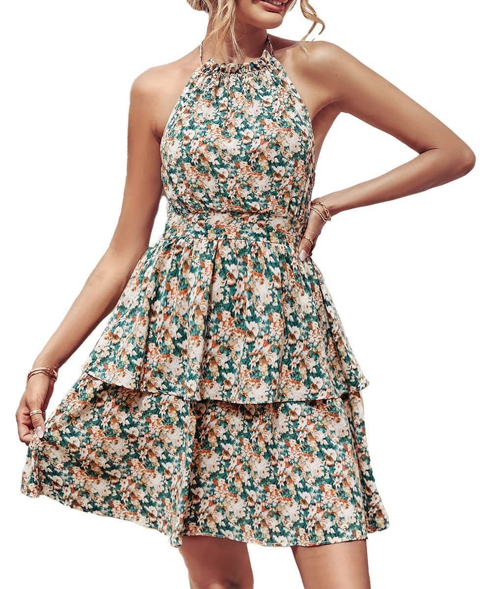 image-Summer Printed Halter Dress Fashion Boho Backless Ruffled A-Line Beach Dresses For Womens Clothing