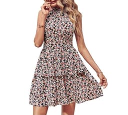 image-Summer Printed Halter Dress Fashion Boho Backless Ruffled A-Line Beach Dresses For Womens Clothing