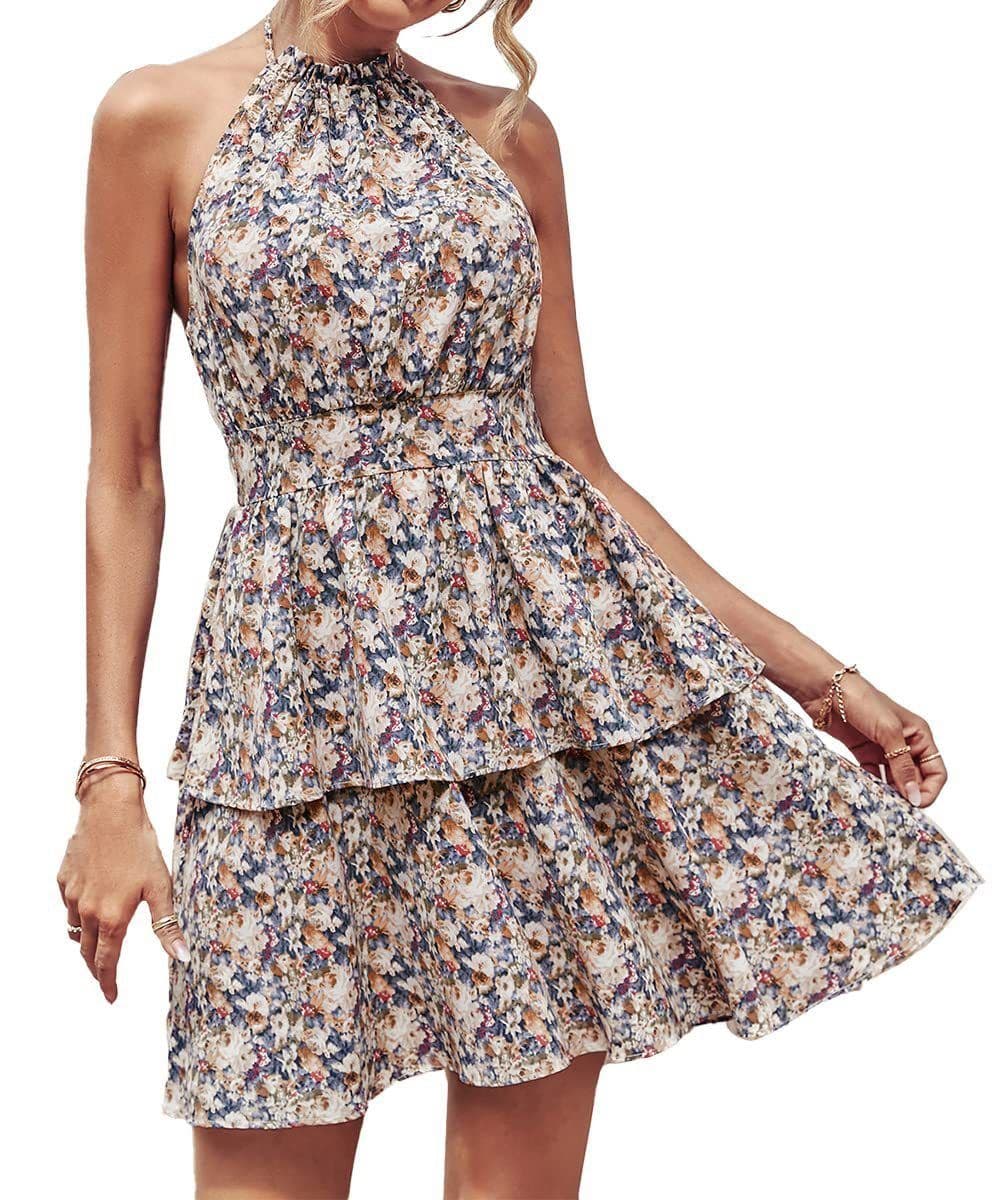 image-Summer Printed Halter Dress Fashion Boho Backless Ruffled A-Line Beach Dresses For Womens Clothing