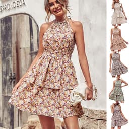 image-Summer Printed Halter Dress Fashion Boho Backless Ruffled A-Line Beach Dresses For Womens Clothing