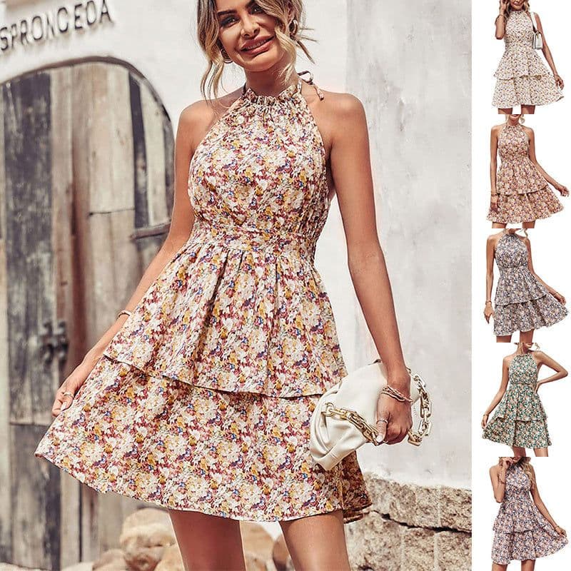 image-Summer Printed Halter Dress Fashion Boho Backless Ruffled A-Line Beach Dresses For Womens Clothing