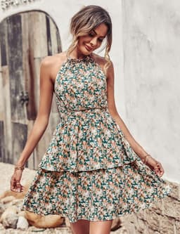 image-Summer Printed Halter Dress Fashion Boho Backless Ruffled A-Line Beach Dresses For Womens Clothing