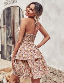 image-Summer Printed Halter Dress Fashion Boho Backless Ruffled A-Line Beach Dresses For Womens Clothing