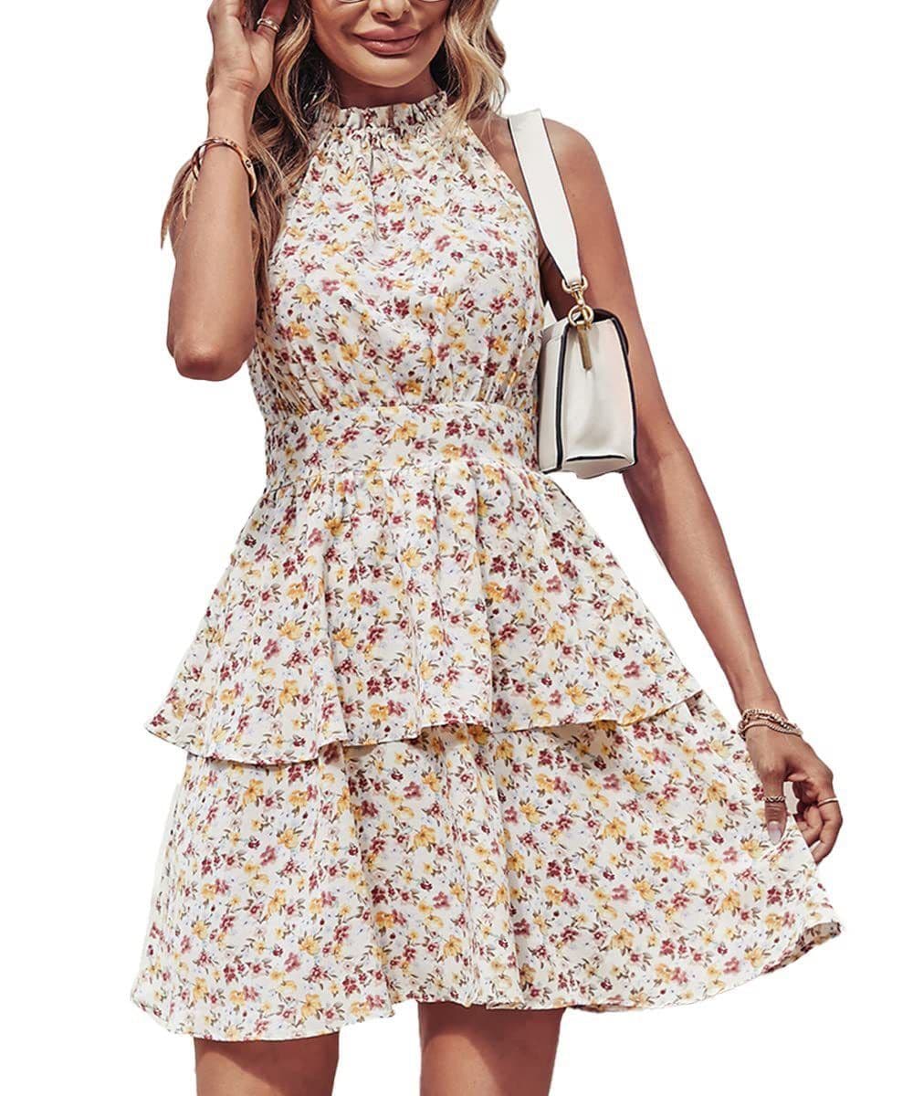 image-Summer Printed Halter Dress Fashion Boho Backless Ruffled A-Line Beach Dresses For Womens Clothing