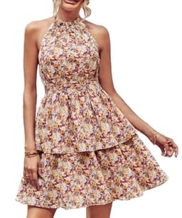 image-Summer Printed Halter Dress Fashion Boho Backless Ruffled A-Line Beach Dresses For Womens Clothing