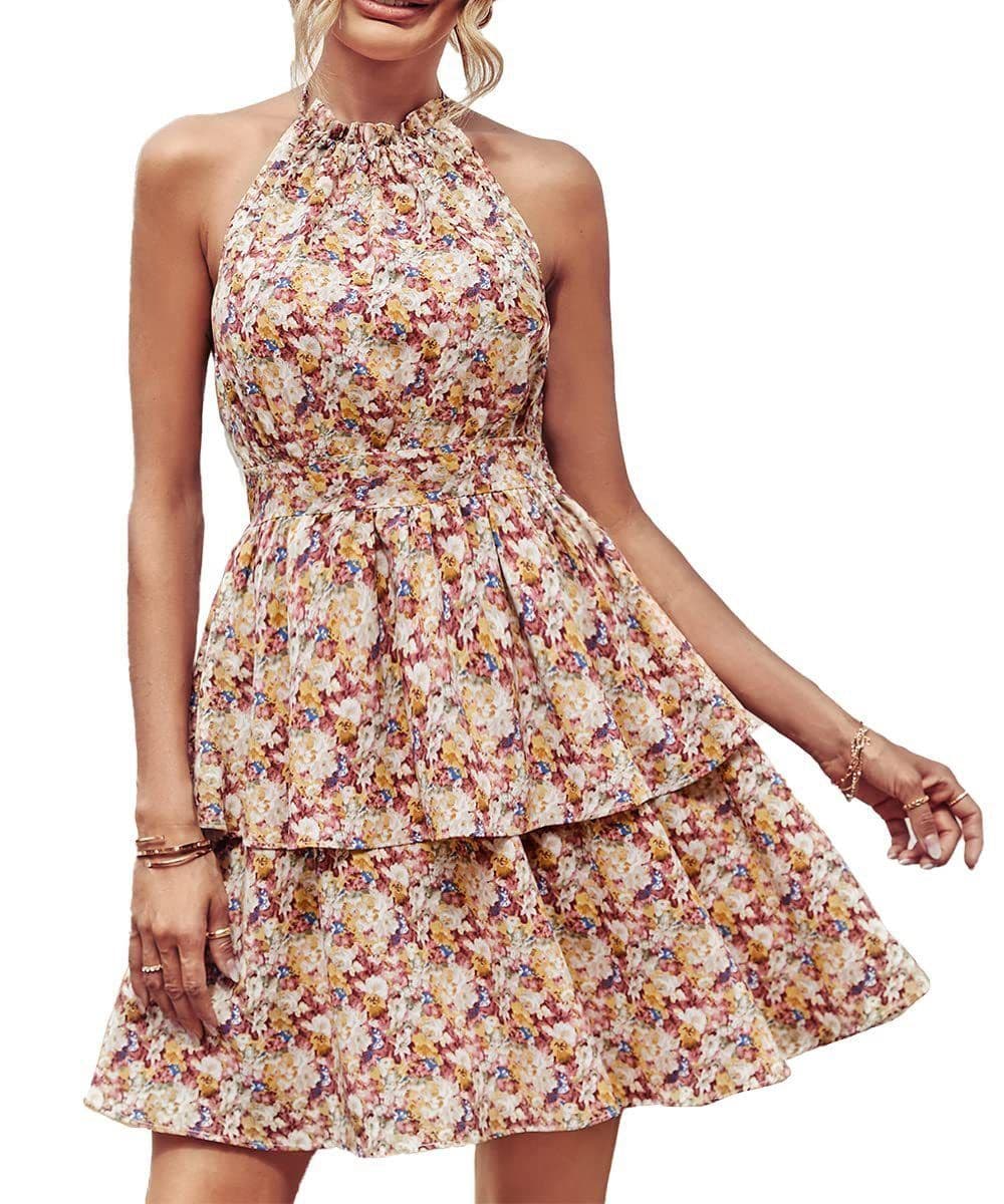 image-Summer Printed Halter Dress Fashion Boho Backless Ruffled A-Line Beach Dresses For Womens Clothing