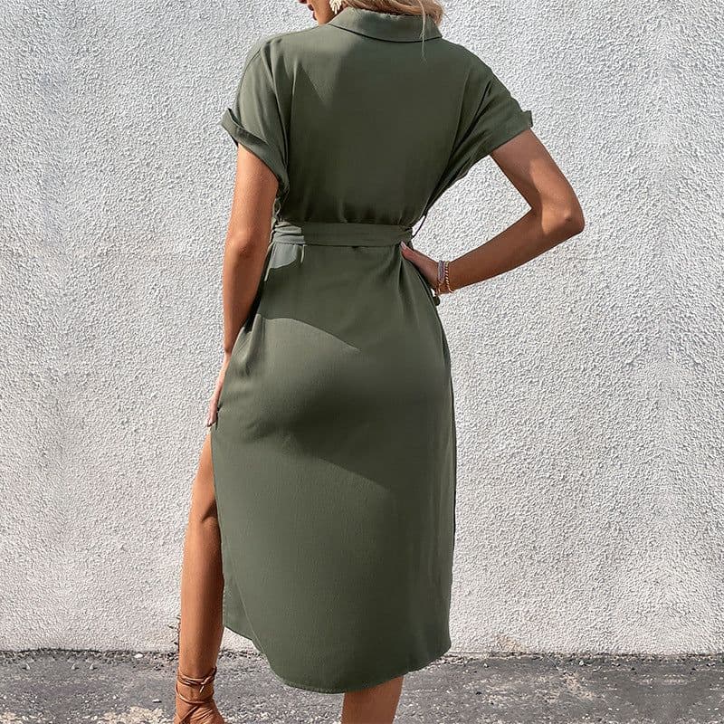 image-Summer Short Sleeve Long Dress With Button Pocket Design Fashion Lace-up Turn Down Collar Womens Clothing