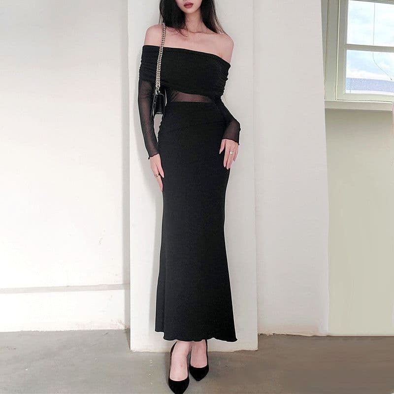 image-Women's Winter Sexy Off-the-shoulder Pleated Long Sleeve Polyester Dress