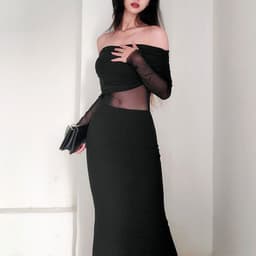 image-Women's Winter Sexy Off-the-shoulder Pleated Long Sleeve Polyester Dress