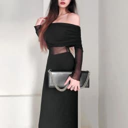 image-Women's Winter Sexy Off-the-shoulder Pleated Long Sleeve Polyester Dress