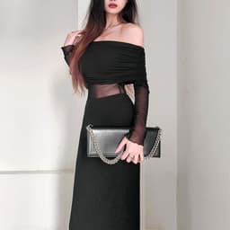 image-Women's Winter Sexy Off-the-shoulder Pleated Long Sleeve Polyester Dress