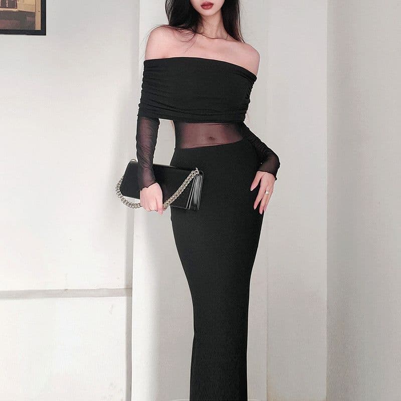 image-Women's Winter Sexy Off-the-shoulder Pleated Long Sleeve Polyester Dress