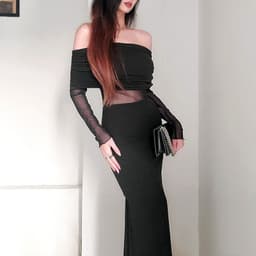 image-Women's Winter Sexy Off-the-shoulder Pleated Long Sleeve Polyester Dress