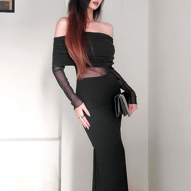 image-Women's Winter Sexy Off-the-shoulder Pleated Long Sleeve Polyester Dress