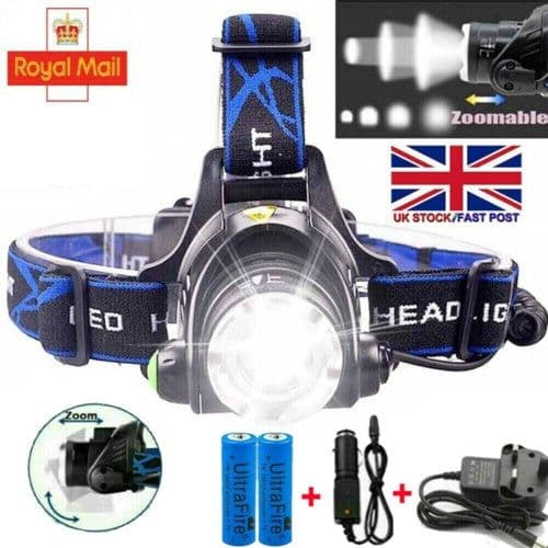 image-T6 Headlamp Rechargeable 350000LM LED Zoom Headlight Head Torch USB Line New UK