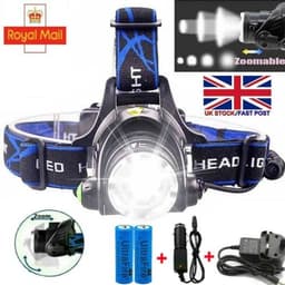 image-T6 Headlamp Rechargeable 350000LM LED Zoom Headlight Head Torch USB Line New UK