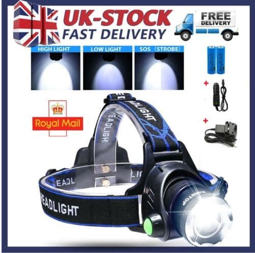 image-T6 Headlamp Rechargeable 350000LM LED Zoom Headlight Head Torch USB Line New UK