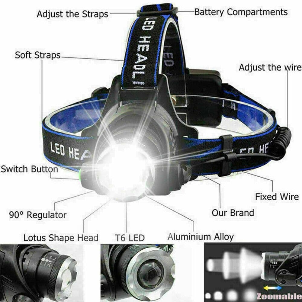 image-T6 Headlamp Rechargeable 350000LM LED Zoom Headlight Head Torch USB Line New UK