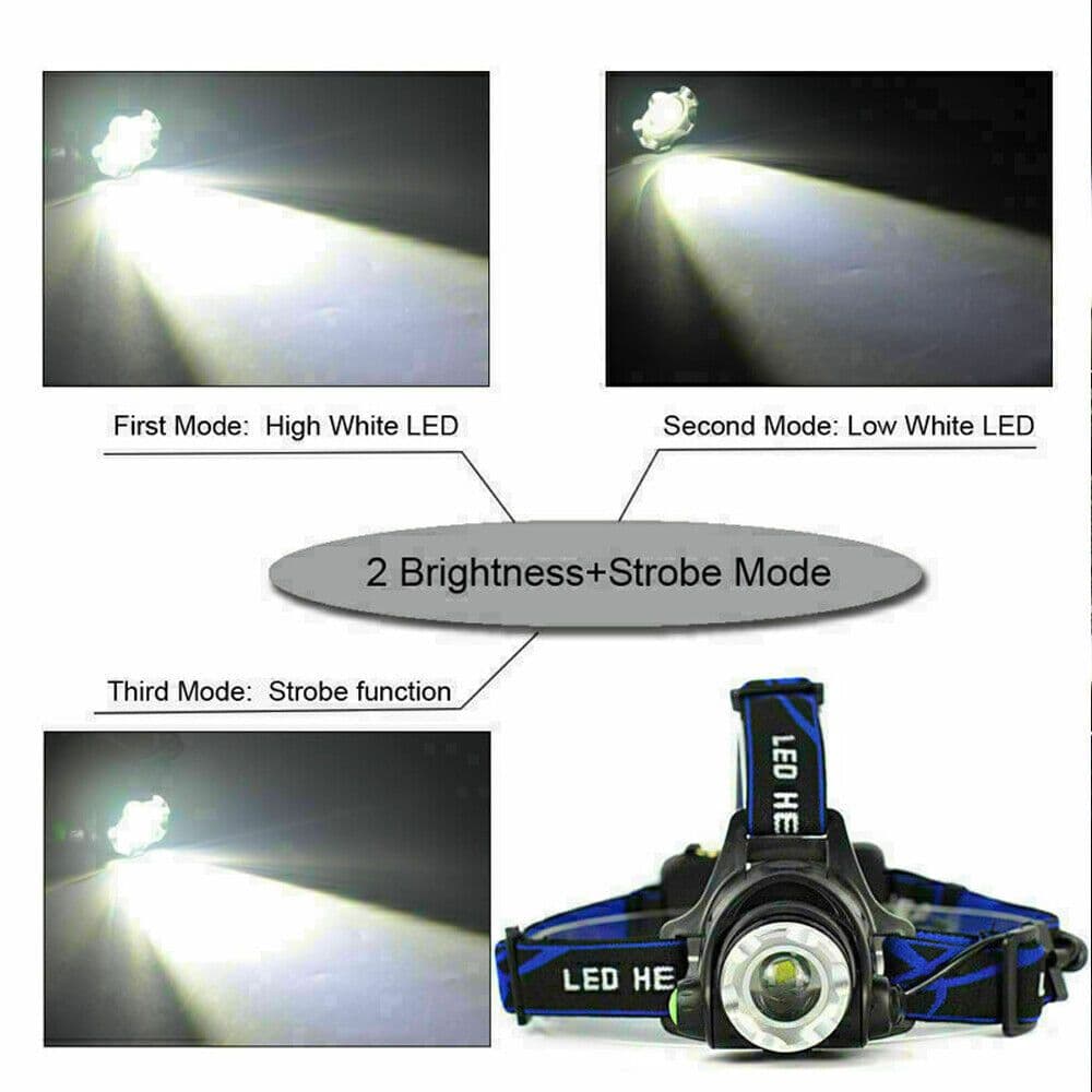 image-T6 Headlamp Rechargeable 350000LM LED Zoom Headlight Head Torch USB Line New UK