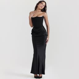 image-Fishbone Bandeau Slim-fit Backless Autumn And Winter Velvet Dress Black Evening Gown