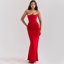 image-Fishbone Bandeau Slim-fit Backless Autumn And Winter Velvet Dress Black Evening Gown
