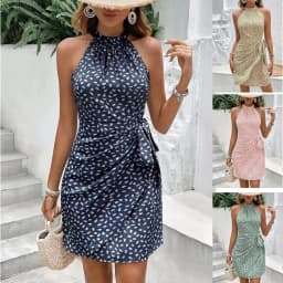 image-Summer Halterneck Printed Dress With Tied-waist Design Women's Shivering Dots Temperament Dress