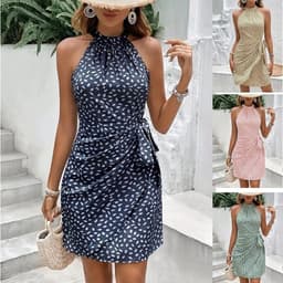 image-Summer Halterneck Printed Dress With Tied-waist Design Women's Shivering Dots Temperament Dress